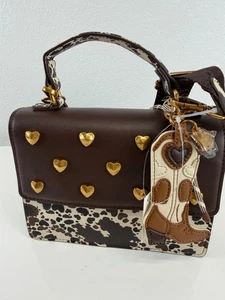 Betsey Johnson Heart Studded Cow Print Western Convertible Brown Ivory Satchel - Picture 1 of 9