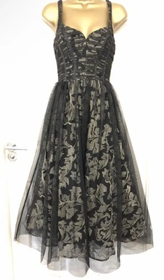 COAST  BLACK GOLD FLORAL EMBROIDERED FITFLARE OCCASION HI LOW MIDI DRESS SIZE 12 - Image 1 of 4