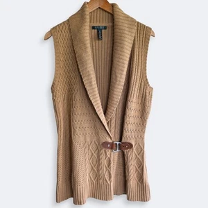 Lauren Ralph Lauren Suéter Chaleco Mujer XL Beige Hebilla Frontal Cable Longline Envoltura - Imagen 1 de 14