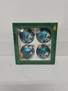 1990s BOX OF 4 KREBS CHRISTMAS FROSTED Stenciled ORNAMENTS IN BOX Teal White  - Picture 1 of 1