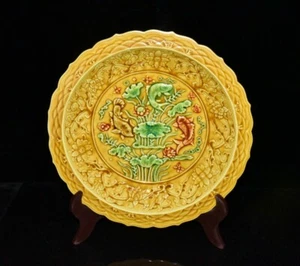 Collectable Art Hand Painting Yellow Glazed Porcelain Fish Plate - Picture 1 of 9