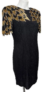 Nuevo de Lote Antiguo Vestido Vaina de Seda Negro Dorado Con Cuentas Talla M De Colección Amor Rocker Manga Ala - Imagen 1 de 13