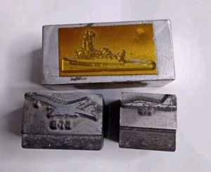 3 Vtg Metal Printing Press Block Stamp Ink Plates B1-B Jet, Fighter Jet, Warship - Picture 1 of 7