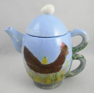 Juego de té para una taza de tetera de gallo gallo gallina pollos cerámica artística pintada firmada - Imagen 1 de 12