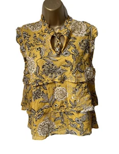 Part two Copenhagen Mustard Yellow Floral Top 38 UK 12 Ruffle Blouse Boho Summer - Picture 1 of 11
