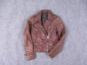 Allsaints Leather Jacket Womens Size 2 Brown Italian Leather Oxblood Biker - Picture 1 of 11