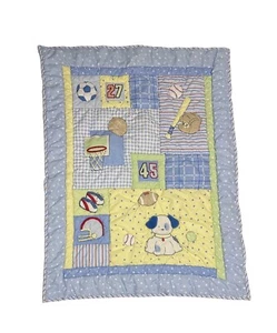 Kidsline Puppy Dog Sports Baseball Basketball Blue Green Yellow Blanket Quilt - Picture 1 of 7