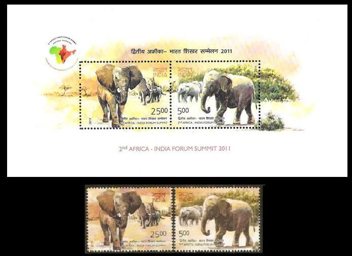 India 2011 MNH SS + 2V,  Wild Animals, India & Africa Elephants  - Image 1 of 1