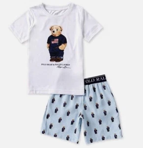 Kids / Boys Ralph Lauren Polo Bear Pajama Set Shorts White Blue Sizes 5, 6 & 7 - Picture 1 of 5