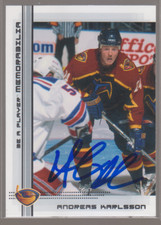 Autographed 00/01 Be A Player Memorabilia Andreas Karlsson - Thrashers