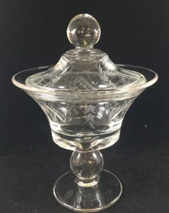 Antique Etched Cut Glass Compote Dish Lidded Padden #444 Covered Clear MCM - Picture 1 of 11