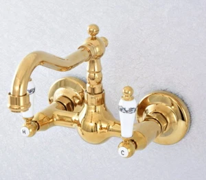 Wall Mount Gold Color Brass Swivel Bathroom Sink Faucet Basin Tap Dual Handle - Picture 1 of 8