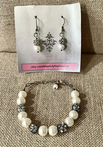 Artisan Silver Tone Faux Pearl Bracelet and Earrings Set NEW NIB - Picture 1 of 6