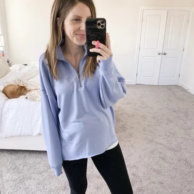 Moletom Aerie Down to Earth quarto de zíper azul oversized feminino tamanho G - Imagem 1 de 4