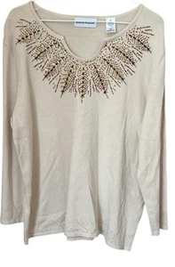 Maglione donna Alfred Dunner paillettes perline - manica lunga taglia media tortora - Foto 1 di 7
