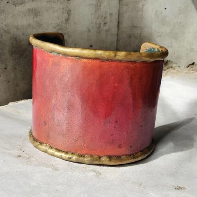 Artisan Signed HATFIELD Copper Brass Red Patina Rustic Look Wide Cuff Bracelet - Image 1 of 4