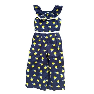 Janie and Jack Size 6 Lemon Navy Blue and Yellow Sleeveless Ruffled Jumpsuit - Picture 1 of 3