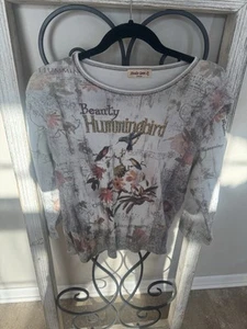 Boho Hummingbird Floral Graphic Top Rhinestone Nature Print Shirt X-Large USA - Picture 1 of 10