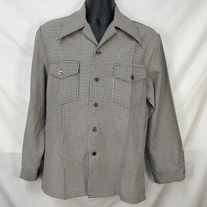 VINTAGE 70S SWEET PLAID CHECK POLYESTER KNIT DAGGER COLLAR SHIRT JACKET M DISCO - Picture 1 of 6