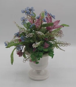 VINTAGE 1960S MCM KITSCHY COLORFUL BEADED FLOWERS BOUQUET IN URN - Picture 1 of 7