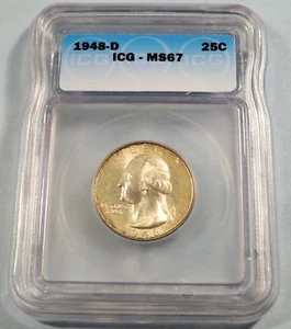 1948-D ICG MS67 WASHINGTON QUARTER 25c MS 67 NICE LIGHT GOLD TONE - Picture 1 of 4