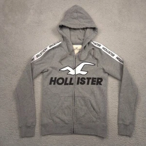 Hollister Hoodie Womens XS Gray Full Zip Logo Tape Sleeve Sweatshirt - Picture 1 of 10
