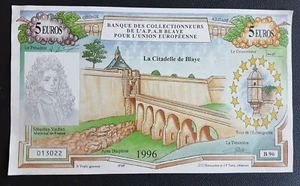 FRANCE - FRANCIA - FRENCH NOTE - BILLET DE 5 EURO LA CITADELLE DE BLAYE 1996. - Picture 1 of 2
