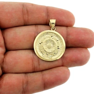 10K Yellow Gold Large Aztec Mayan Sun Calendar Pendant, 10KT Gold Charm - Picture 1 of 5