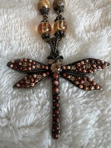 Vtg Dragonfly Necklace Sterling Silver 925 Gems Stones Glass Beads Natural tones - Picture 1 of 14