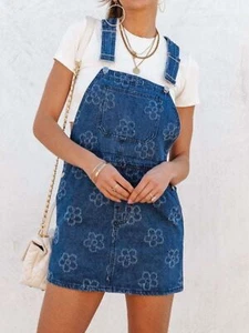 Flower Wide Strap Denim Overall Dress with Pockets - Picture 1 of 5