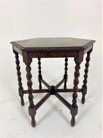 Petite Hexagonal Carved Oak Barley Twist Table, Scotland 1920, H654 Cover