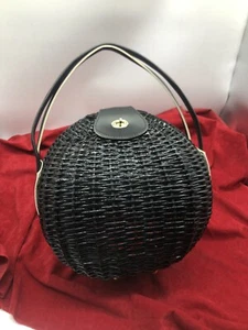 Simon Straw Bay Co Japan Clamshell Purse Wicker Basket Handbag Black Red 60s VTG - Picture 1 of 17