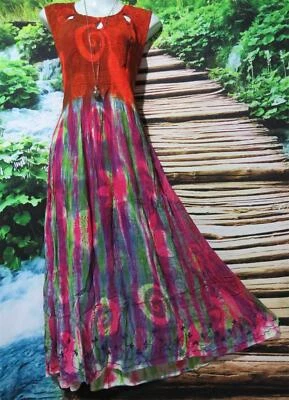 BOHO VIBRANT TIE DYE LONG FLORAL DRESS SHIRRED BODICE 10 - 18  90-120 CMS - image 1 of 4