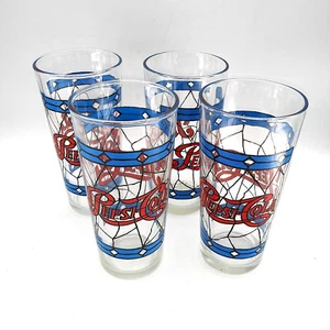 Vintage 1970s set of 4 Pepsi Cola Tumblers Drinking Glasses stained glass style - Picture 1 of 10