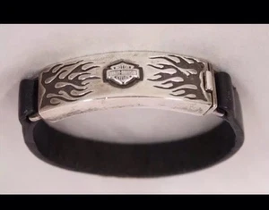 925 Silver & Leather Harley Davidson HD 7" Band Bracelet  - Picture 1 of 7