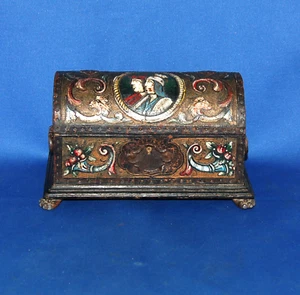 A 19th century embossed leather medieval gothic casket, hand painted details - Picture 1 of 7