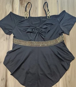 Shein Women's Open Shoulder Thin Strap Black Blouse WGold Accents Sz 1XL - Picture 1 of 5