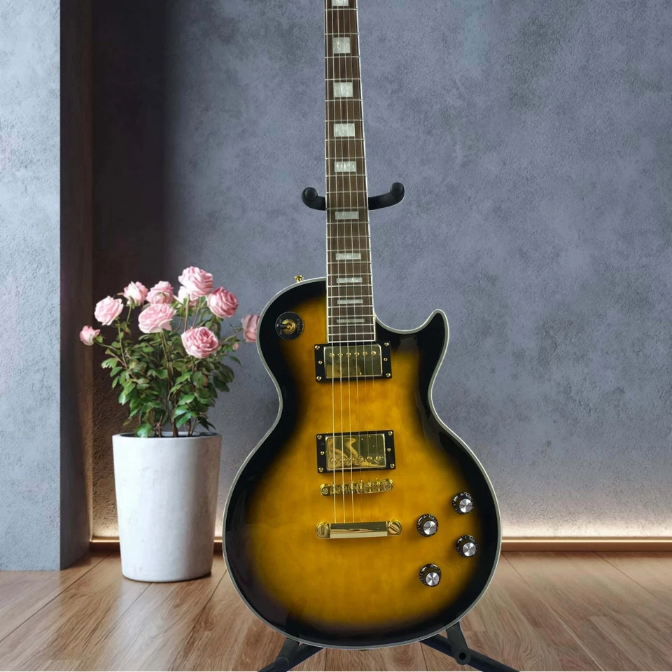 LP Custom Electric Guitar  Black Ring Yellow Rectangular Inlay Metal Hardware - Image 1 of 4