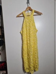 Yellow Lace Gloral Fitted and Flare Halterneck. Dress Size 12 - Picture 1 of 5
