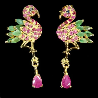 925 Sterling Silver Earrings Pear Ruby Emerald Sapphire Gemstone Egret Jewelry - Image 1 of 4