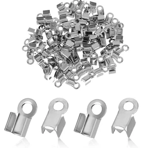Silver Jewelry Making 100 Pieces Fold Over Cord Ends Stainless Steel Crimp Tips - Picture 1 of 7