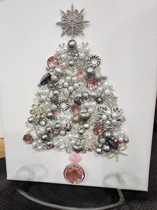 Jewelry repurposed Christmas tree floral art picture silver pink pearl white - Picture 1 of 6