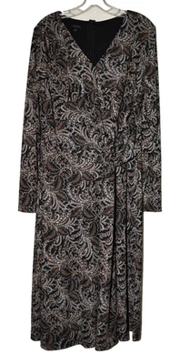 Talbots Brown Black Paisley V-Neck Partial Ruched Long Sleeve Midi Dress Size XL - Image 1 of 4