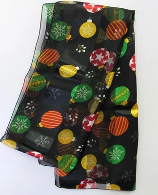 Cachecol longo preto com estampa de enfeite de seda Natal #3019BK novo - Imagem 1 de 4