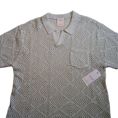 Massive Luxury Mens Large Sweater Green Short Sleeve Button Down Knit Crochet - Image 1 of 4