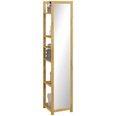 HOMCOM Scaffale Bagno con Specchio e 6 Ripiani a Doghe in Bambù 35x35x168cm - Immagine 1 di 4
