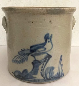 Antique 19th C. Stoneware Crock Blue Decorated Bird on Stump Poughkeepsie NY - Picture 1 of 15