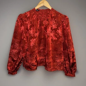 Vintage 80er Dabney Jacquard Kurzarm Bluse dunkelrot seidig Puffärmel Shirt Gr. S/M - Bild 1 von 8