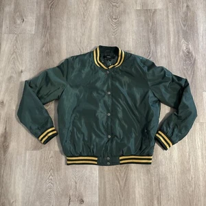 Forever 21 Women’s Green Bomber Jacket Yellow Striped collar & Sleeve Size Large - Picture 1 of 11