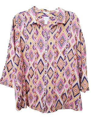 Camisa Chico's Sin Planchar Lino Estampado Ikat Botones Espalda Abotonada Talla 3 (XL) Foto 1 de 4
